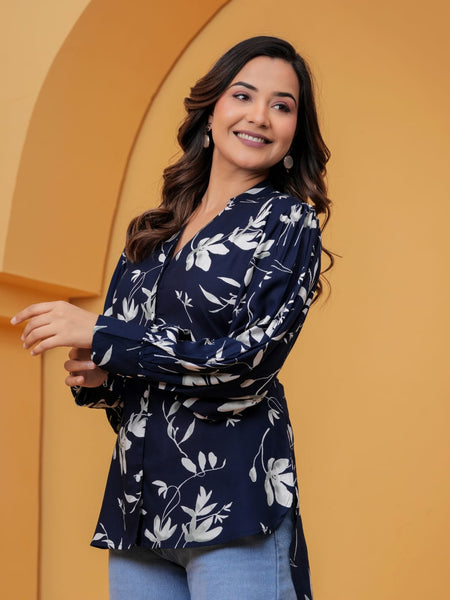 Navy Blue Floral Print Shirt Top