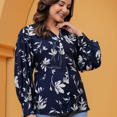 Navy Blue Floral Print Shirt Top