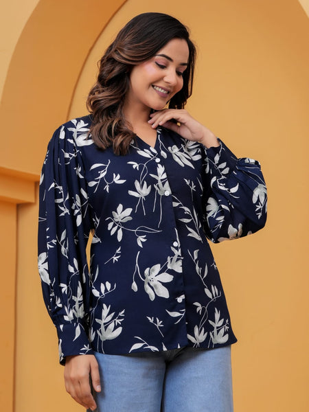 Navy Blue Floral Print Shirt Top
