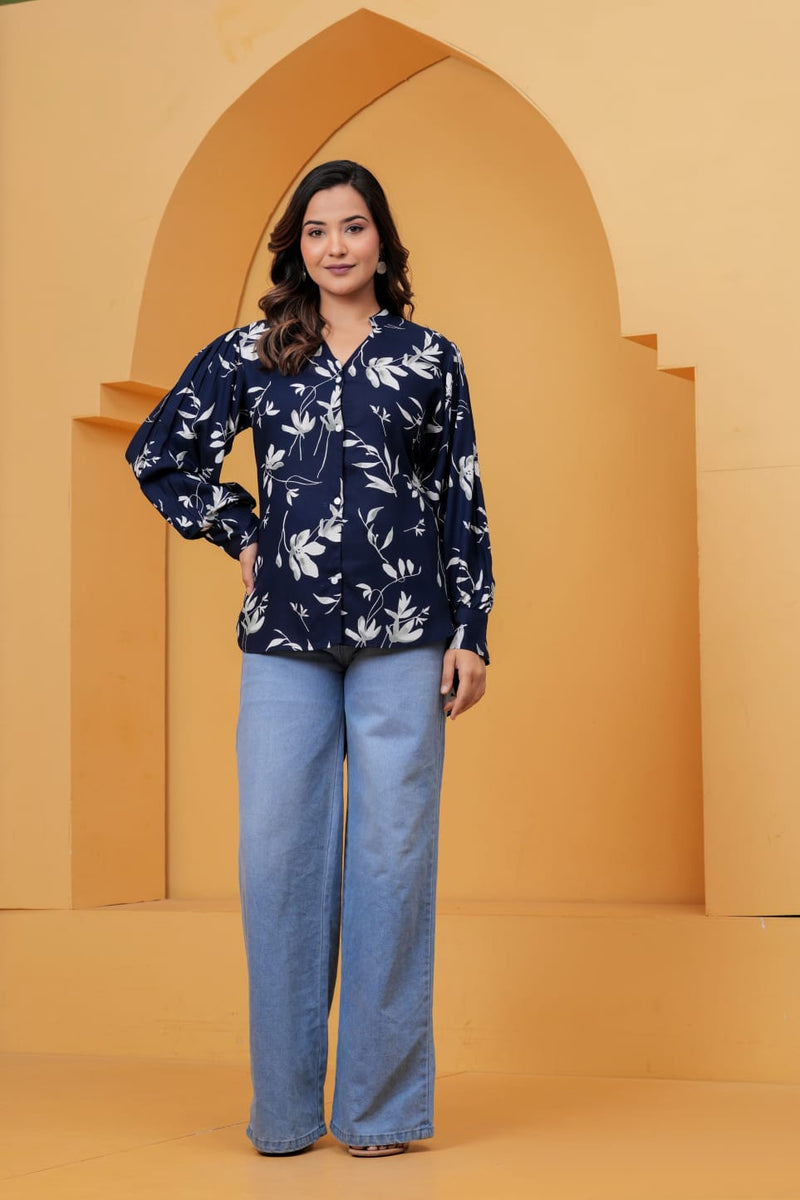 Navy Blue Floral Print Shirt Top