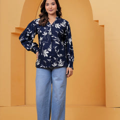 Navy Blue Floral Print Shirt Top