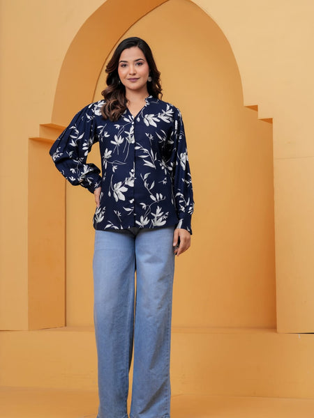 Navy Blue Floral Print Shirt Top