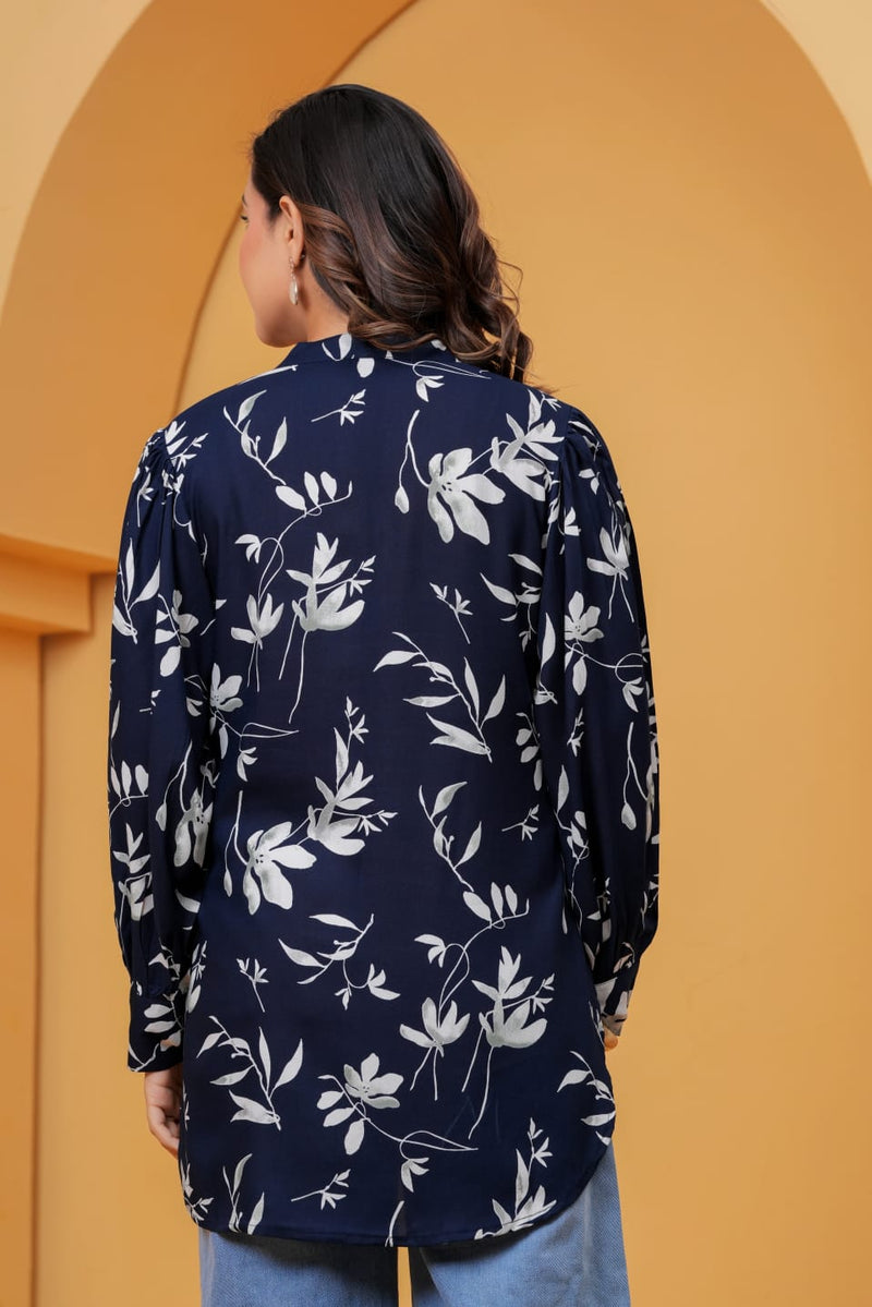 Navy Blue Floral Print Shirt Top