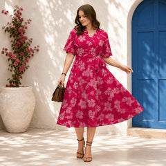 Women’s Floral Wrap Waist Midi Dress