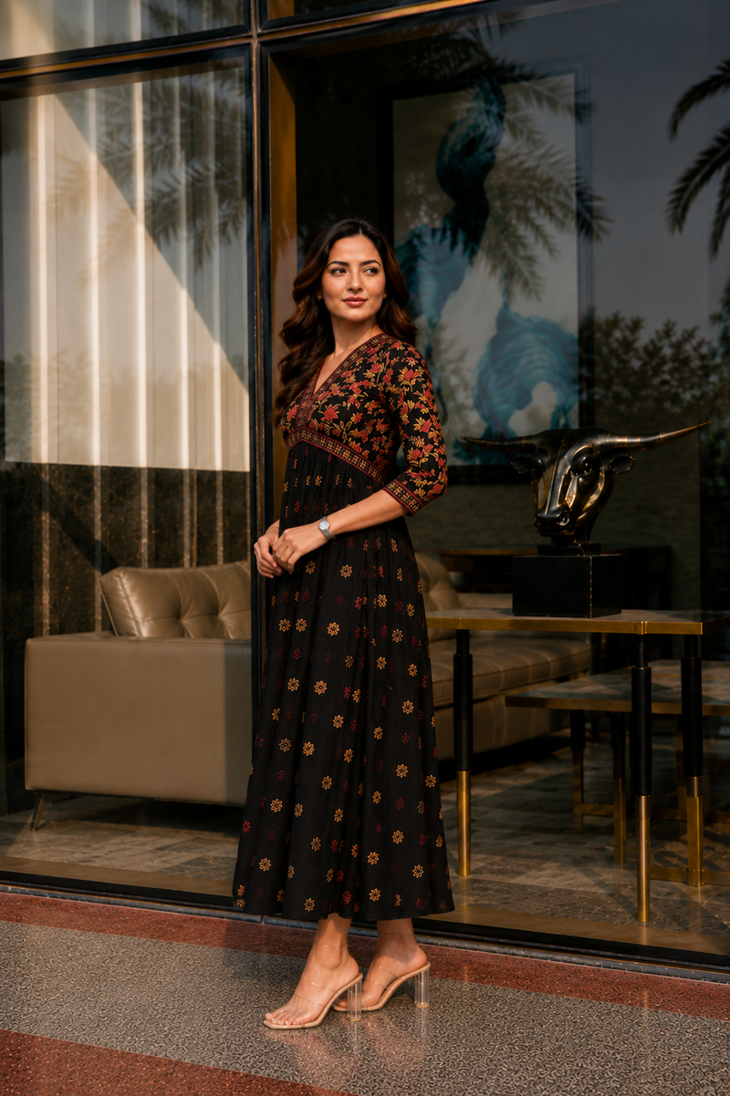 Classic Black Printed Rayon Kurta for Women