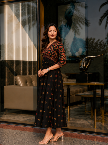 Classic Black Printed Rayon Kurta for Women