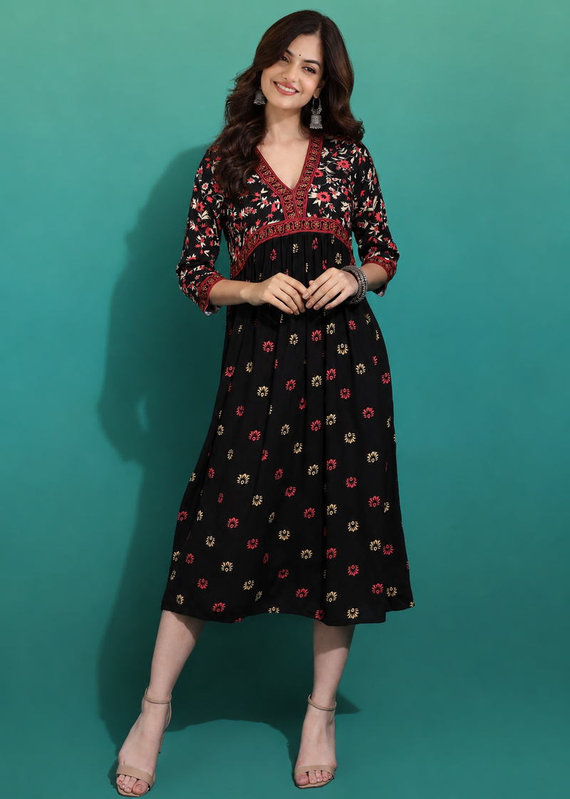 Classic Black Printed Rayon Kurta for Women