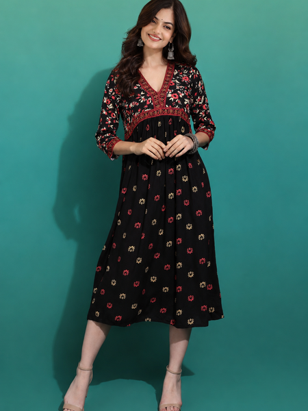 Classic Black Printed Rayon Kurta for Women