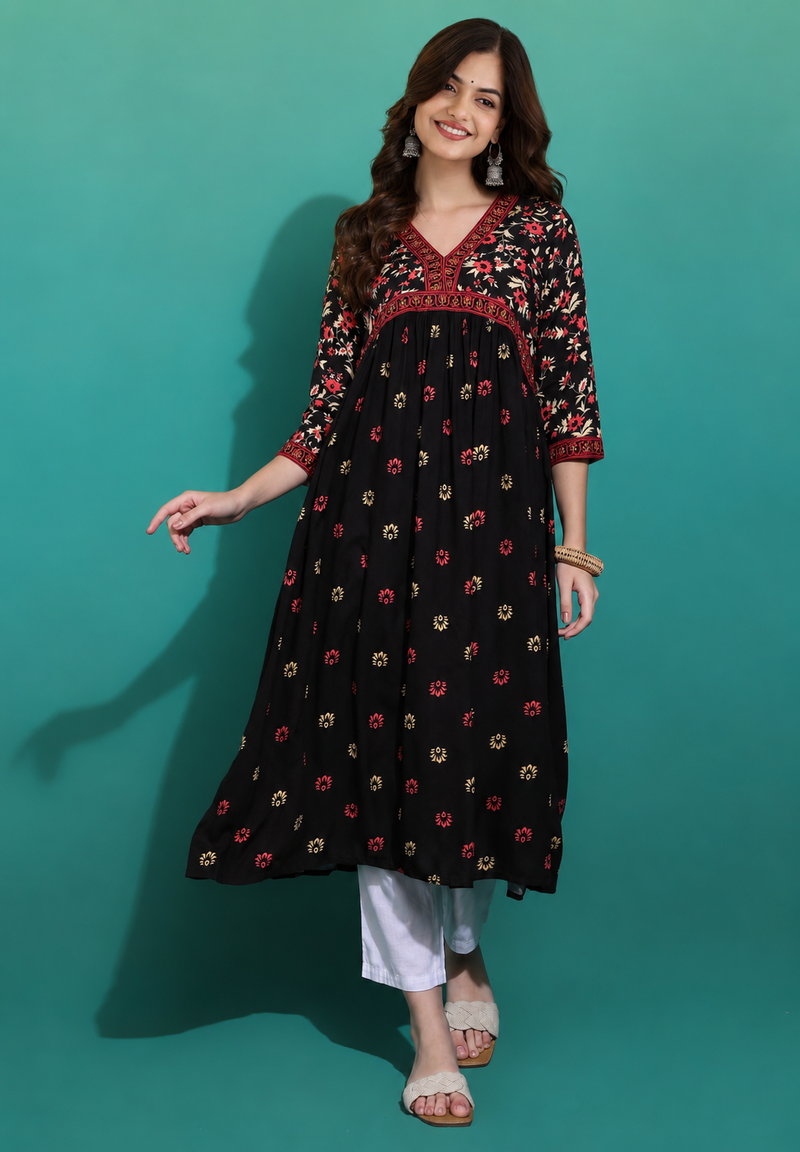 Classic Black Printed Rayon Kurta for Women