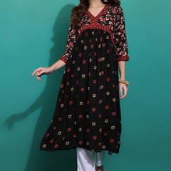 Classic Black Printed Rayon Kurta for Women