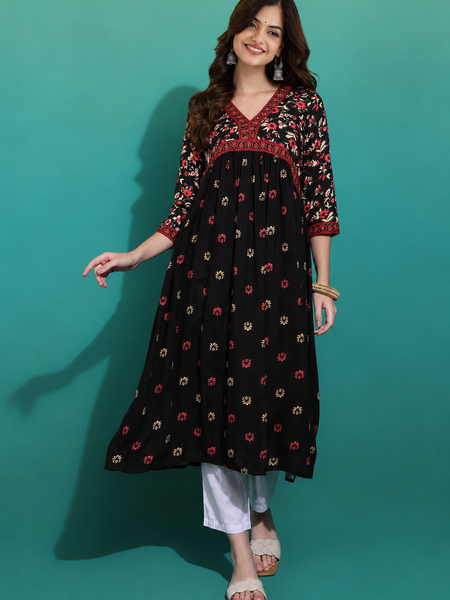 Classic Black Printed Rayon Kurta for Women
