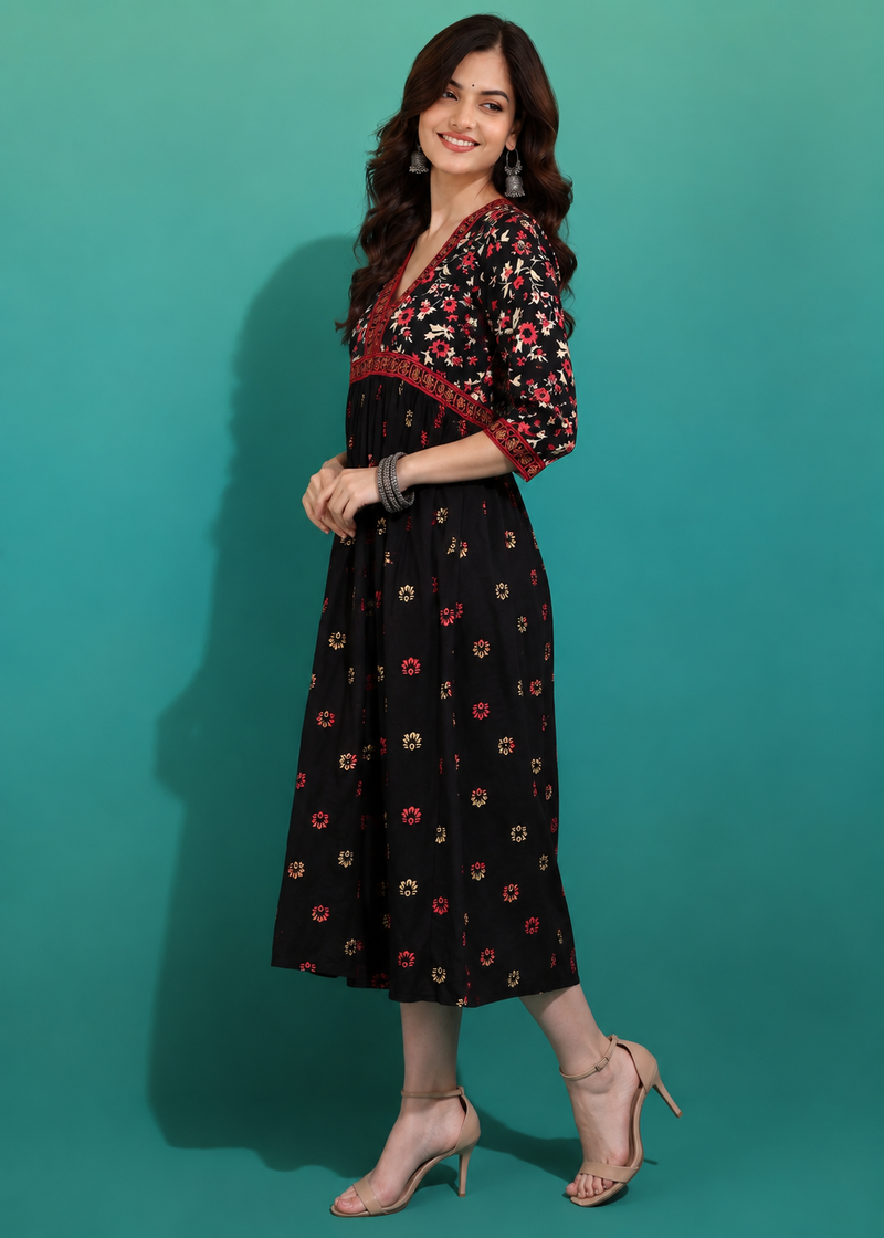 Classic Black Printed Rayon Kurta for Women