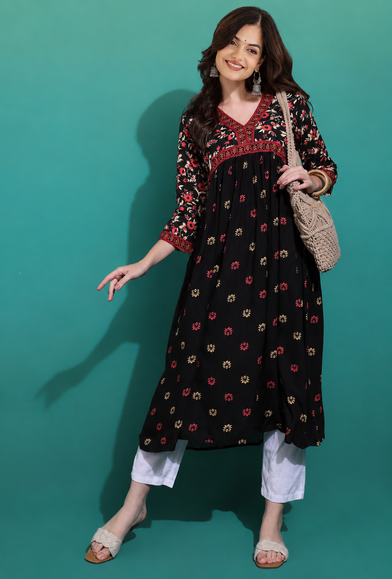 Classic Black Printed Rayon Kurta for Women