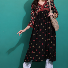 Classic Black Printed Rayon Kurta for Women