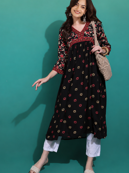 Classic Black Printed Rayon Kurta for Women
