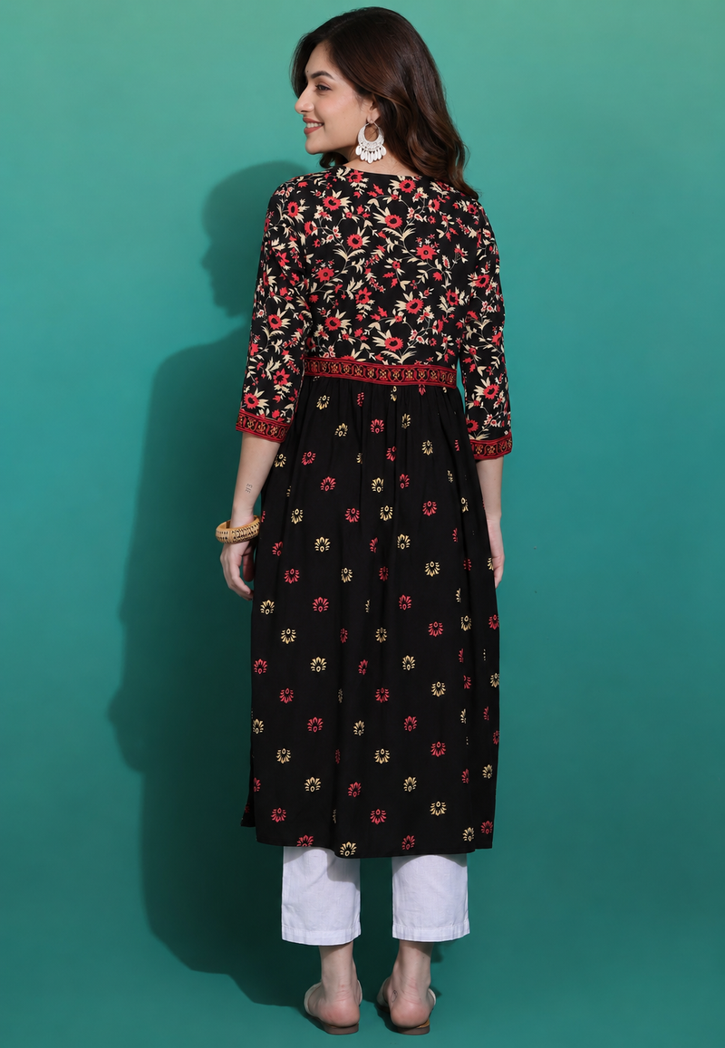 Classic Black Printed Rayon Kurta for Women