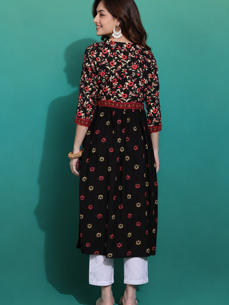 Classic Black Printed Rayon Kurta for Women