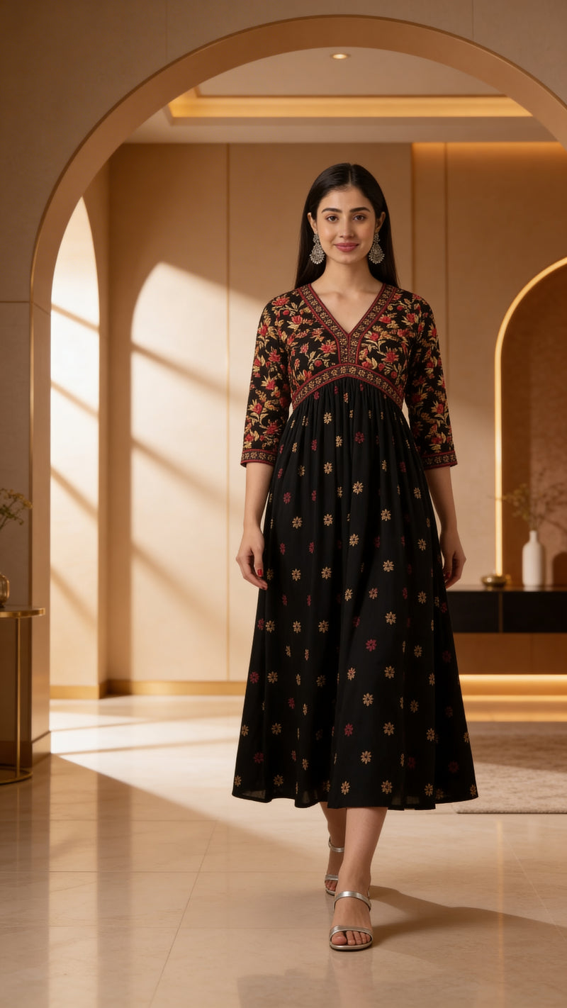Classic Black Printed Rayon Kurta for Women