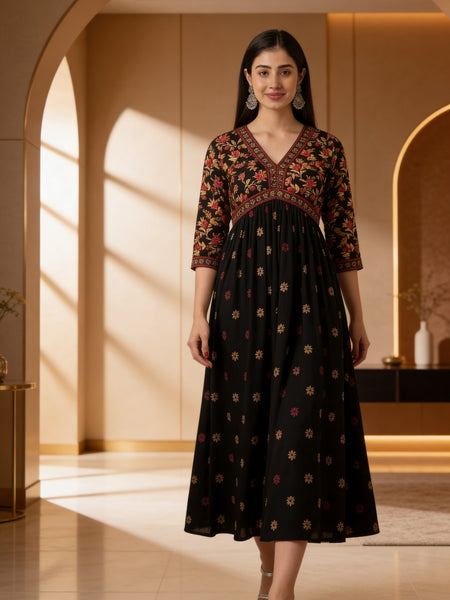 Classic Black Printed Rayon Kurta for Women