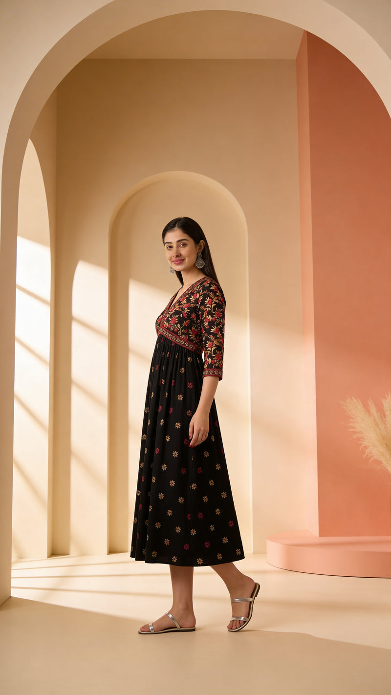 Classic Black Printed Rayon Kurta for Women