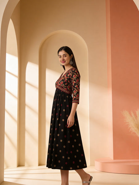 Classic Black Printed Rayon Kurta for Women