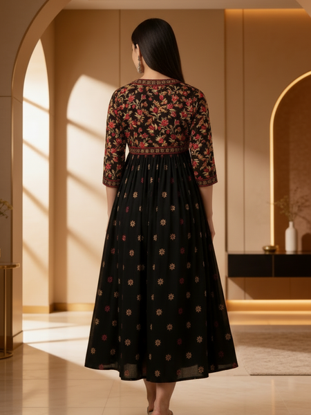 Classic Black Printed Rayon Kurta for Women